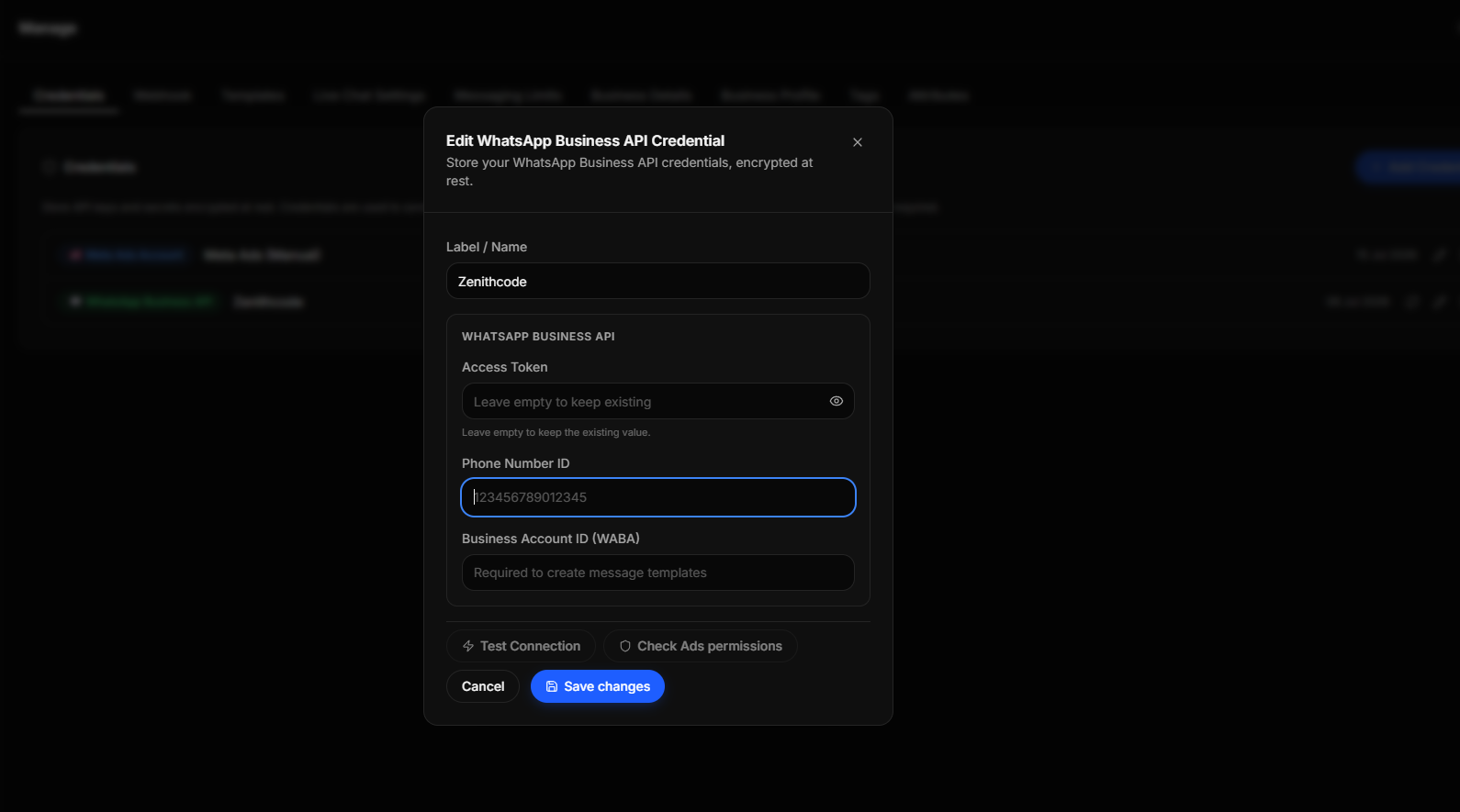 Zenith Manage → Credentials, 'Add Credential' dialog filled with dummy values.