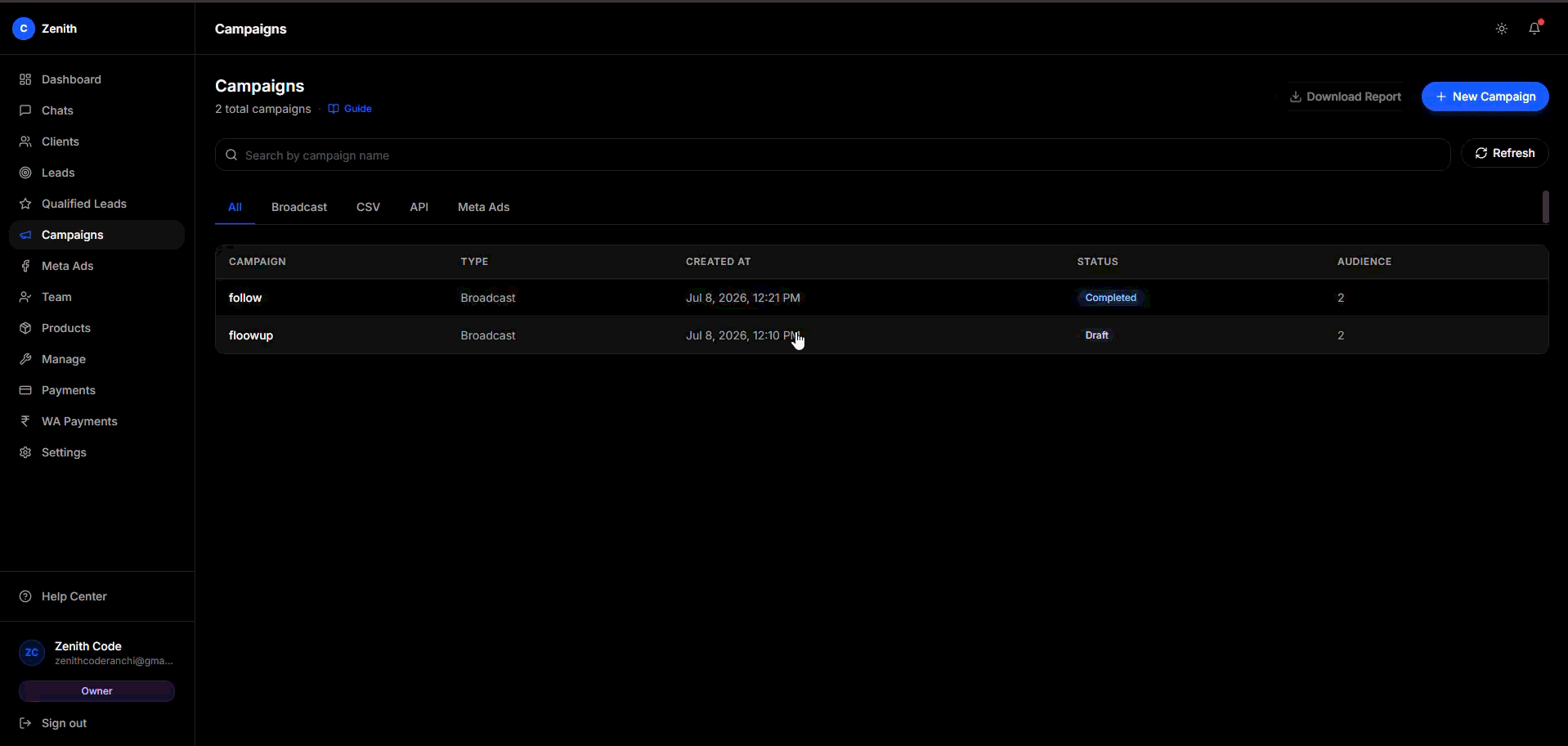 Audience step with filters open and the matched contact count visible.