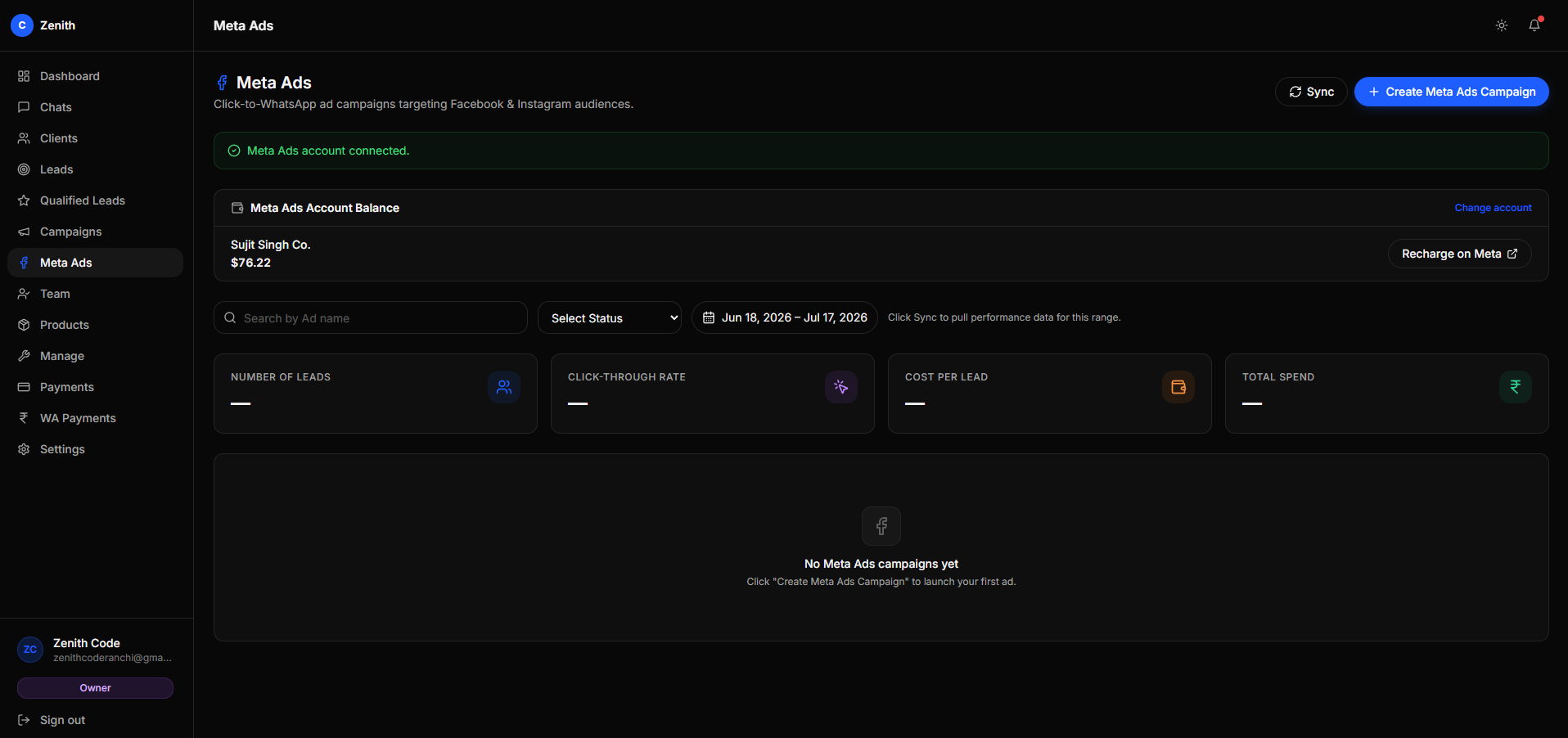 Zenith Meta Ads overview dashboard.