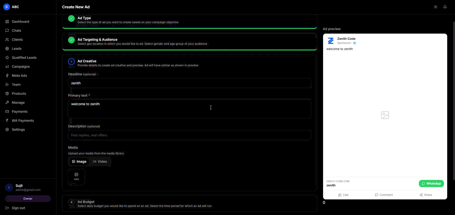 Ad creative editor with preview.