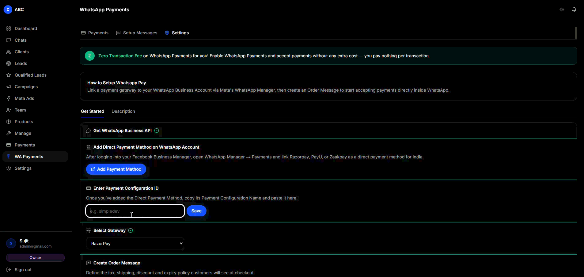 Zenith WA Payments → Settings with the configuration name and gateway saved.