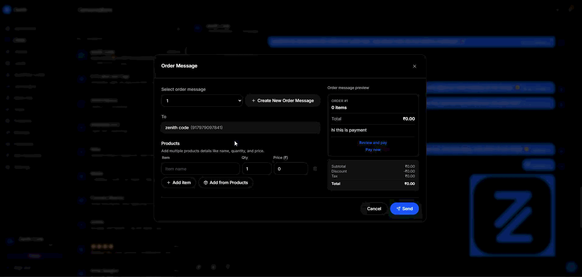 Send order dialog.