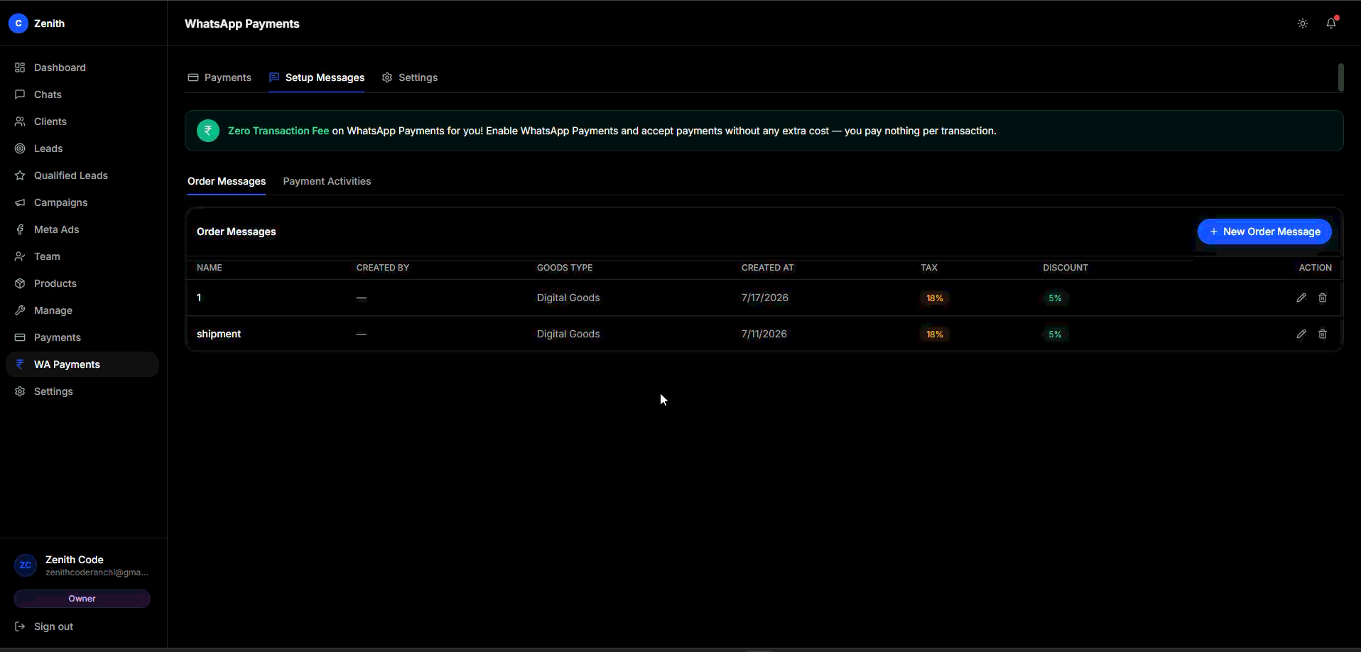 Payment Activities tab with success/failure toggles.