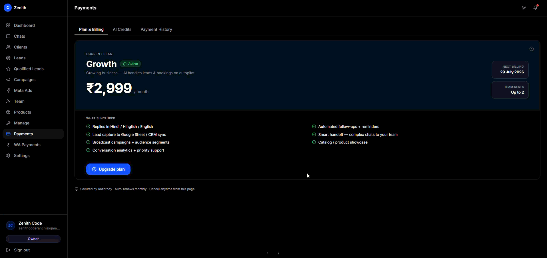 Payment History list.