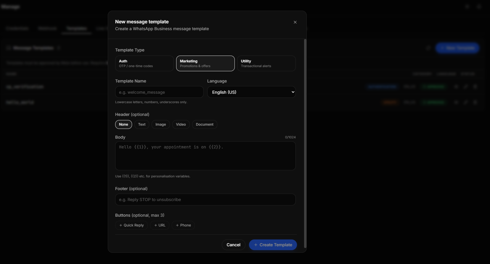 Template editor with body text and one {{1}} variable + live preview.
