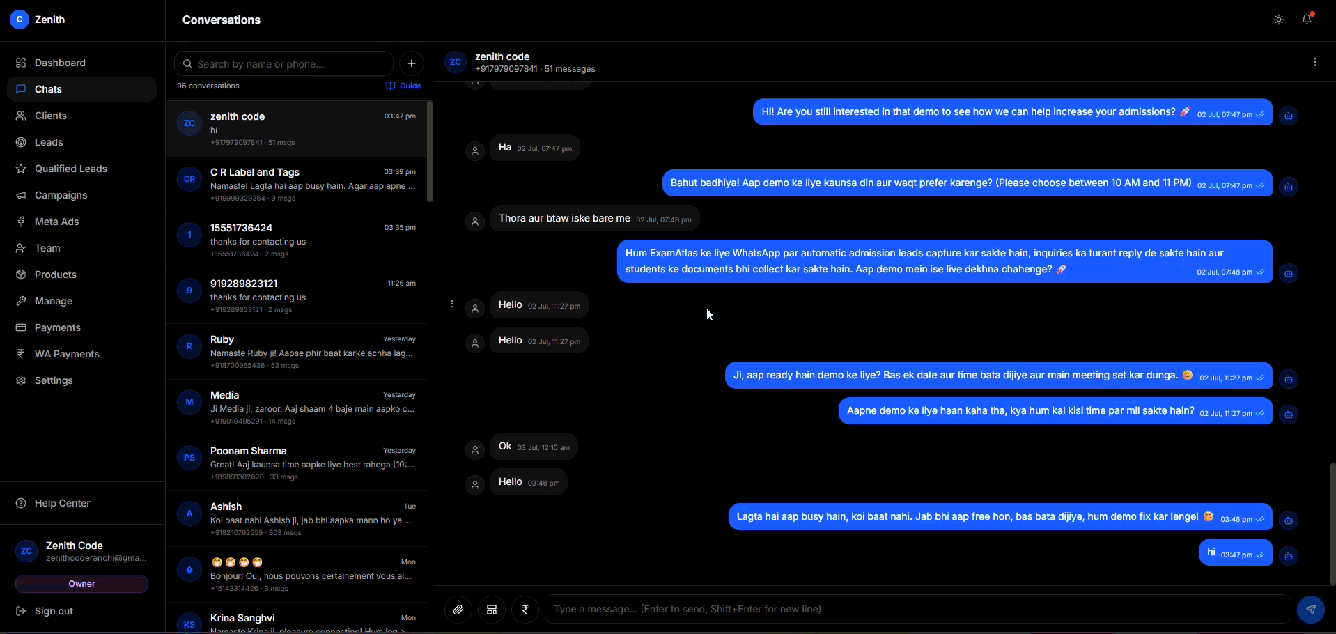 Chat window with the attach-file picker open.