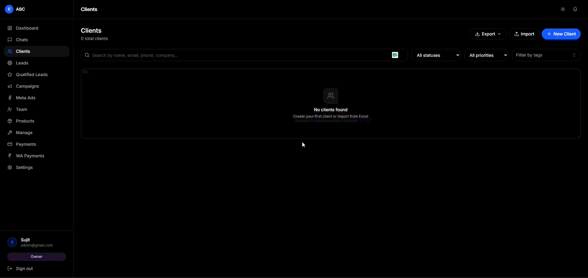 New Client dialog filled with a dummy contact.